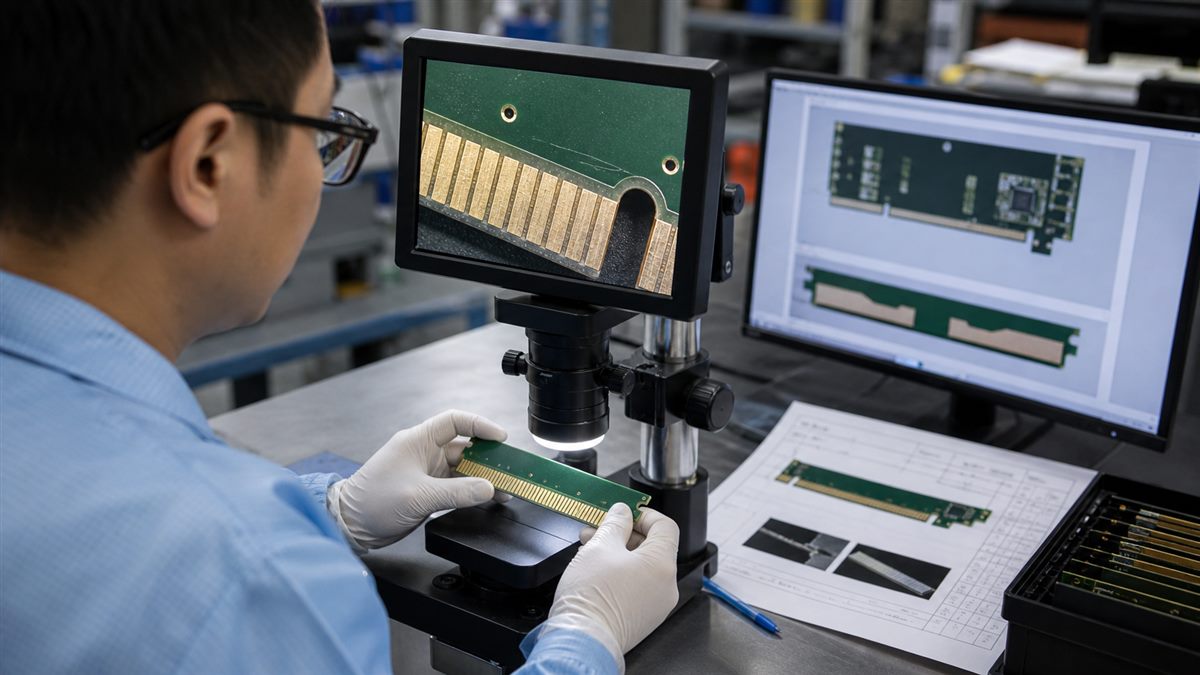 Inspector checking hard gold PCB edge fingers and plated contact surfaces