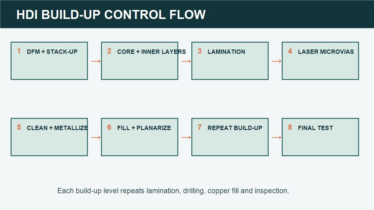 HDI PCB build-up flow from DFM review through laser drilling, via fill and final testing