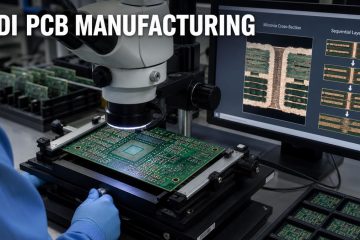Engineer inspecting an HDI PCB microvia build at a manufacturing workstation