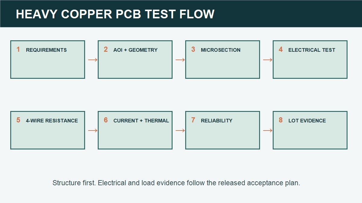 Heavy copper PCB testing flow from requirements through structural electrical thermal and reliability evidence