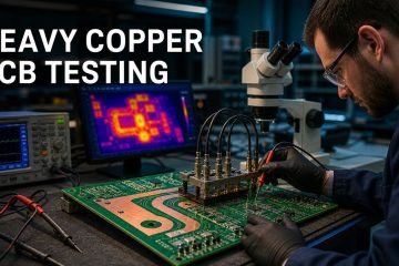 Engineer testing a heavy copper PCB with Kelvin probes thermal imaging and microscopy