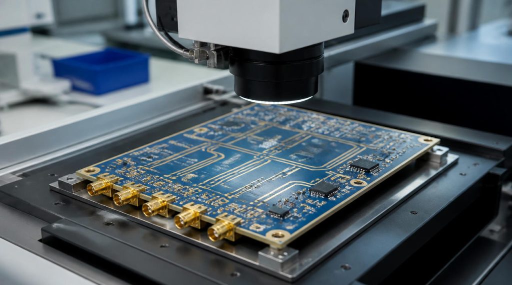 High frequency PCB board with RF trace patterns and SMA connectors on a precision inspection machine in a manufacturing lab