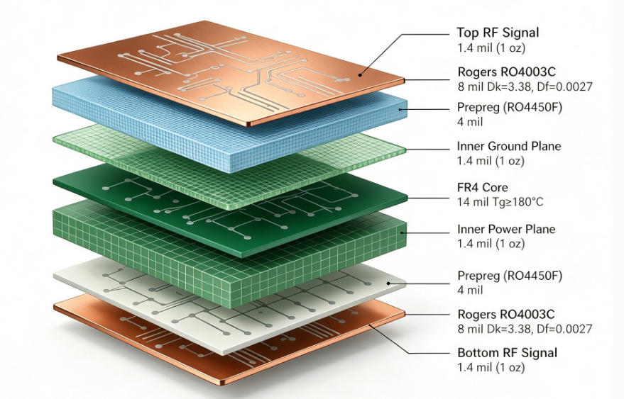 Cross-section diagram of a 4-layer hybrid PCB stackup showing Rogers RO4003C RF layers, FR4 core, and prepreg bonding layers
