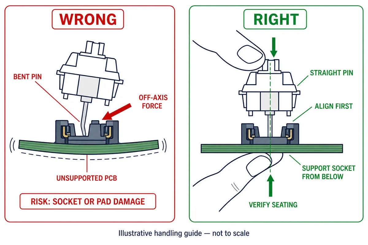 Illustrative wrong-versus-right guide showing a bent switch pin and unsupported PCB compared with straight aligned insertion while supporting the socket from below