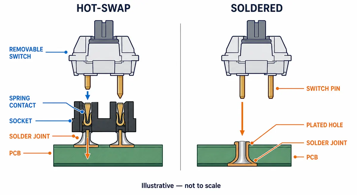Illustrative comparison of a removable mechanical switch entering a soldered hot-swap socket and a switch pin soldered directly through a plated PCB hole