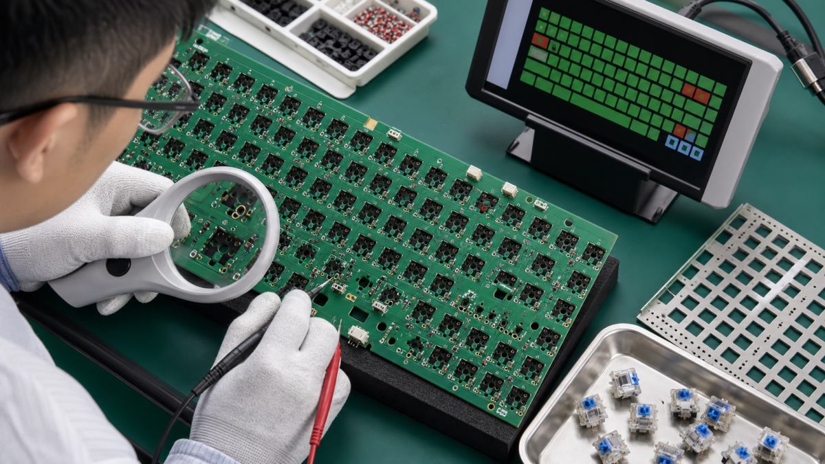 Hot-swap socket footprint placement and full keyboard matrix test inspection