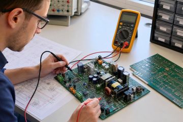 Engineer tracing power and signal paths on an assembled printed circuit board