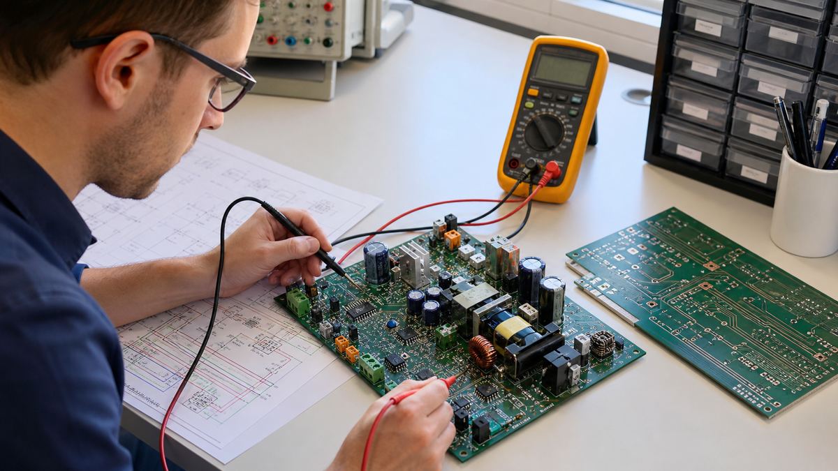 Engineer tracing power and signal paths on an assembled printed circuit board