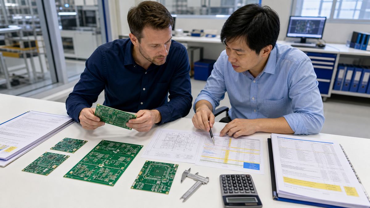 PCB buyer comparing fabrication specifications and supplier quotations at an engineering desk