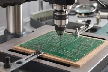 PCB clamped over backing material under a precise benchtop drill press