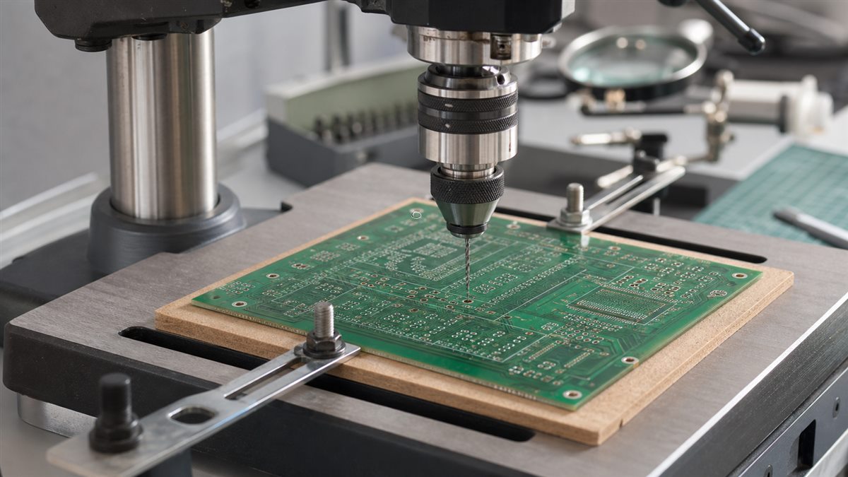 PCB clamped over backing material under a precise benchtop drill press