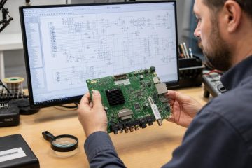 Technician matching a physical PCB revision to a service schematic