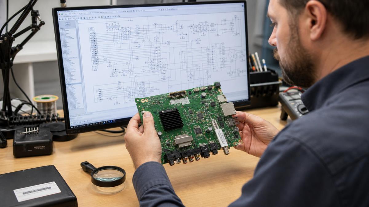 Electronics technician matching PCB revision markings to a service schematic on a workstation