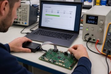 Engineer connecting a programmer to an assembled PCB for firmware flashing