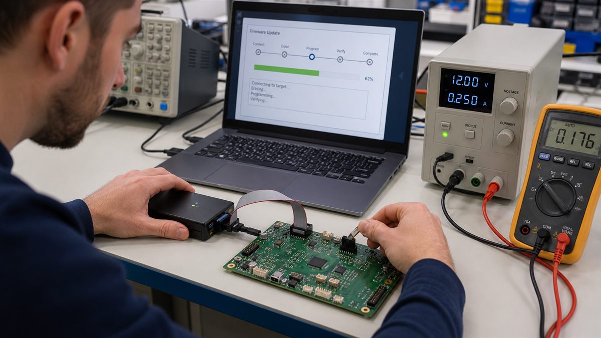 Engineer connecting a programmer to an assembled PCB for firmware flashing