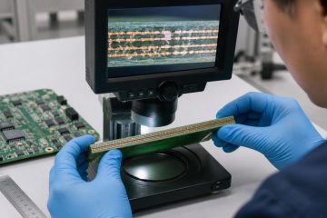 Engineer inspecting a polished multilayer PCB edge under a digital microscope