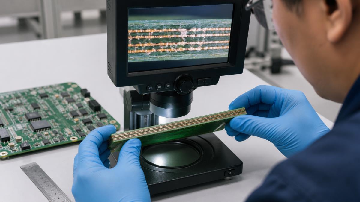 Engineer inspecting the polished edge of a multilayer PCB under a digital microscope
