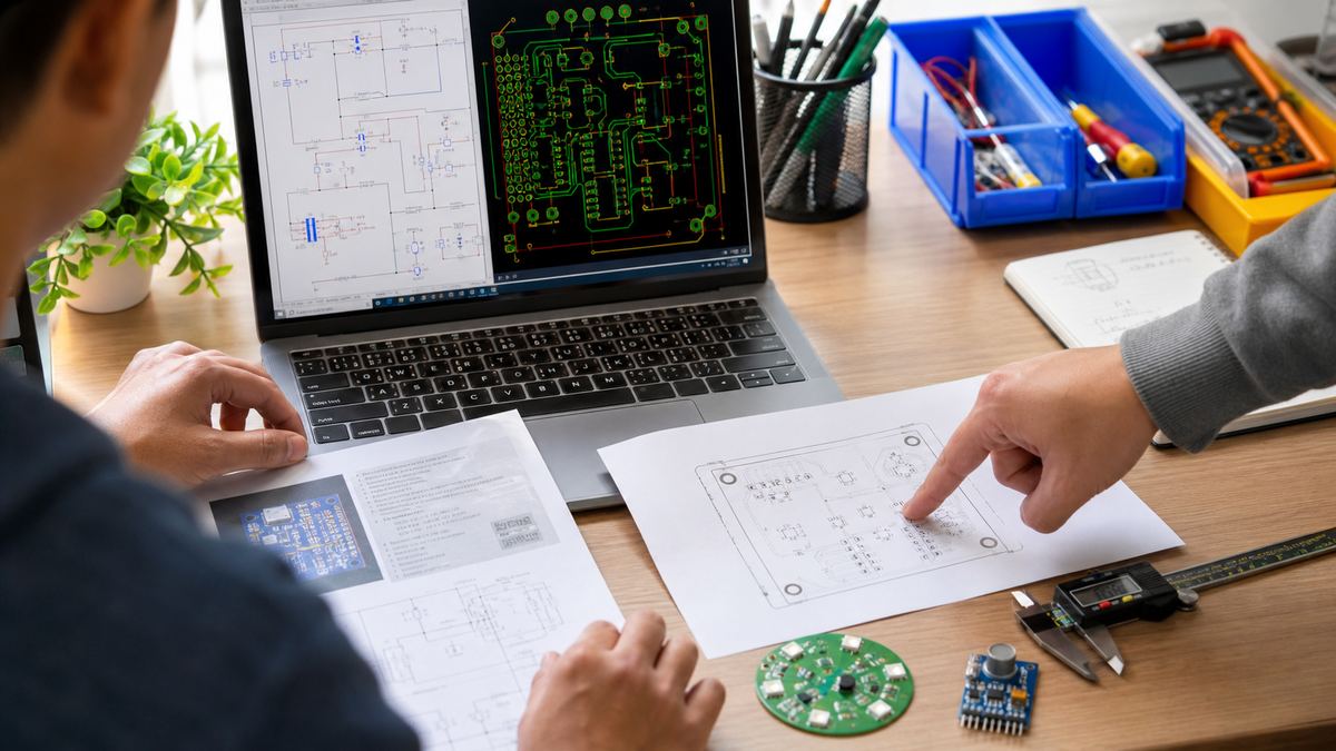 Beginner PCB designer reviewing schematic, layout and first manufactured board