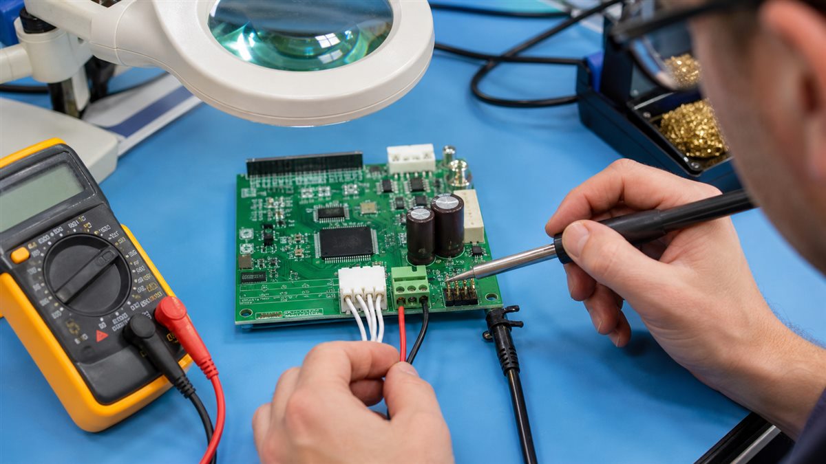 Technician installing a wire-to-board connector and terminal on a PCB
