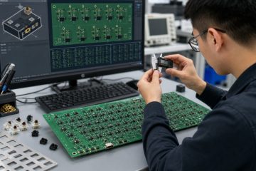 Engineer designing a mechanical keyboard PCB with hot-swap sockets and switch footprints
