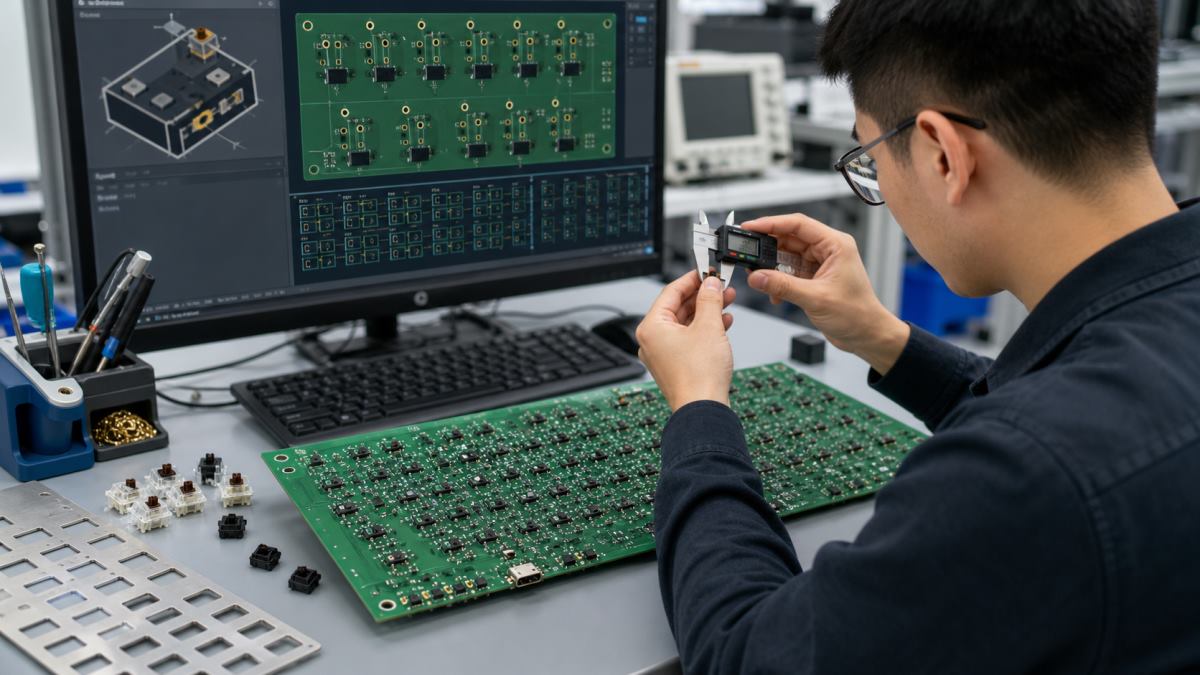 Engineer designing a mechanical keyboard PCB with hot-swap sockets and switch footprints