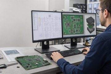 Engineer reviewing a PCB schematic, layout and mechanical model at an electronics workstation
