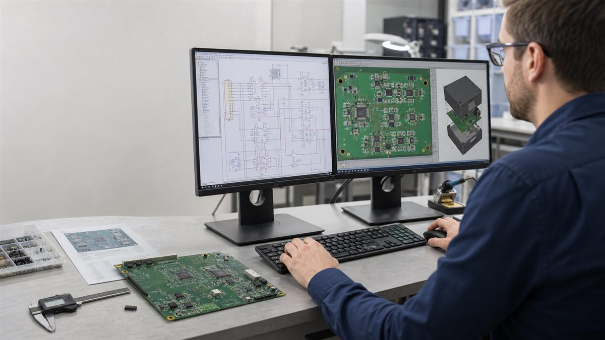 Engineer reviewing a PCB schematic, layout and mechanical model at an electronics workstation