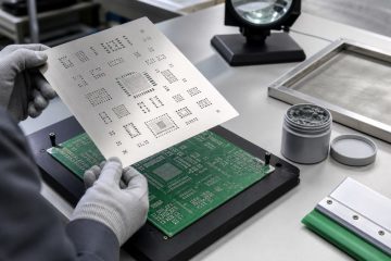 Engineer reviewing a stainless PCB solder paste stencil against the matching board