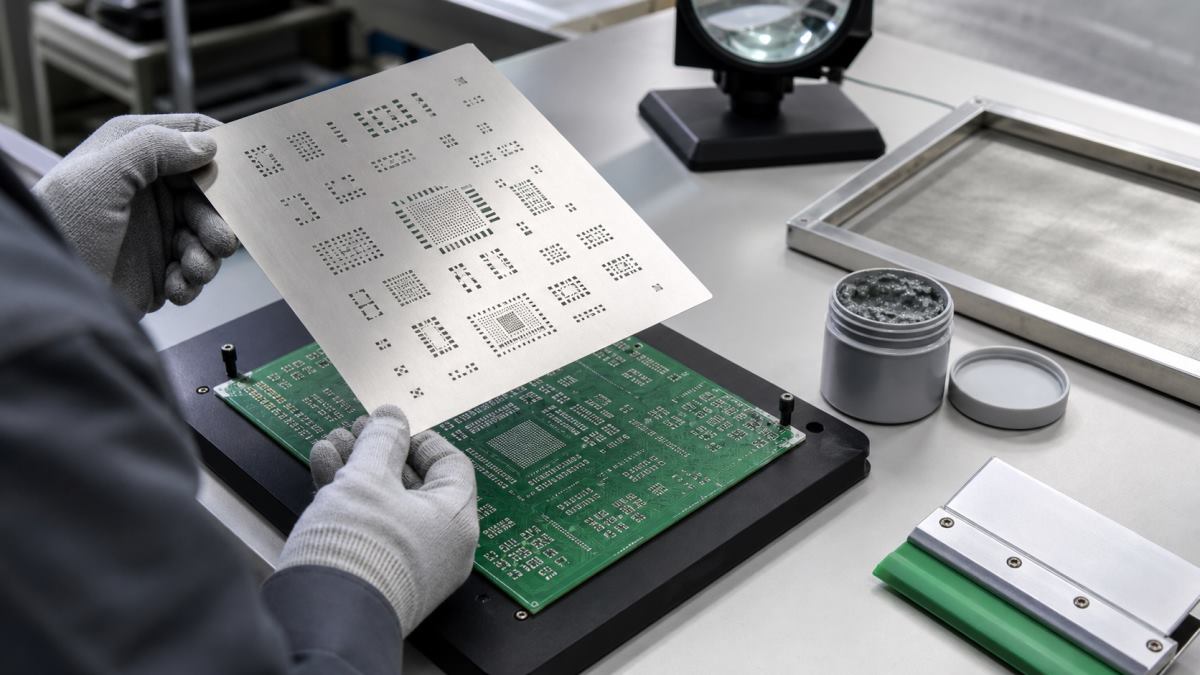 Engineer reviewing a stainless PCB solder paste stencil against the matching board