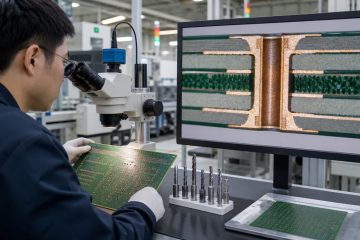 PCB fabrication engineer reviewing drilled and plated via structures in a multilayer board