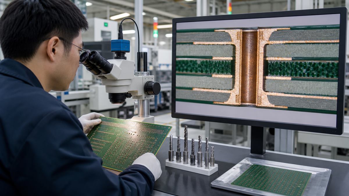 PCB fabrication engineer reviewing drilled and plated via structures in a multilayer board