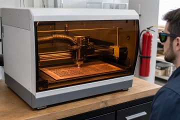 Enclosed laser engraver removing an etch-resistant mask from copper-clad PCB
