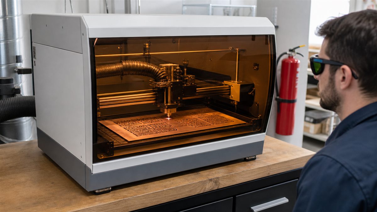 Enclosed laser engraver removing a black mask from copper-clad PCB