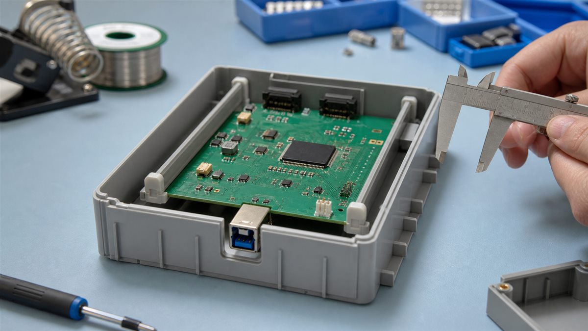 PCB secured in an enclosure with edge rails and snap clips