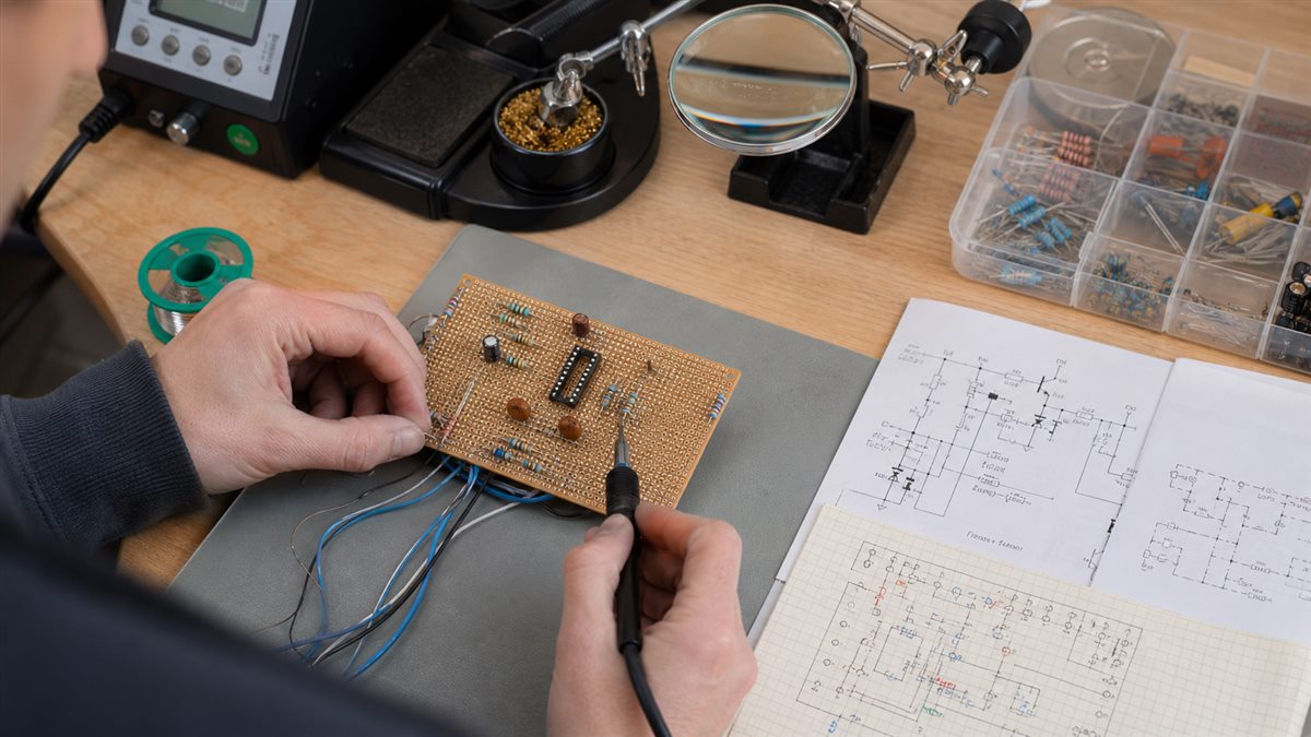 Technician wiring components on a universal prototype PCB