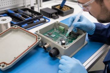 Engineer applying controlled conformal coating to a PCB inside a sealed electronics enclosure