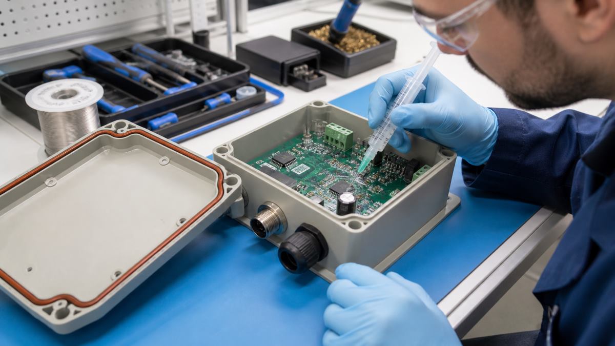 Engineer applying controlled conformal coating to a PCB inside a sealed electronics enclosure