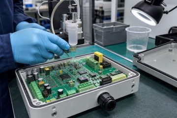 Engineer applying controlled environmental protection to a PCB assembly in a sealed enclosure