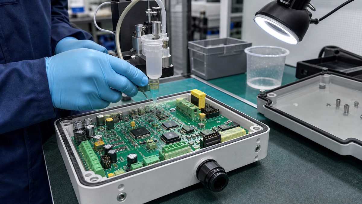 Engineer applying environmental protection to a populated PCB assembly