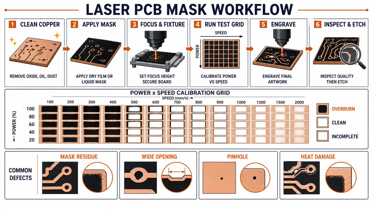 Laser PCB mask workflow with power speed calibration grid and defect checks