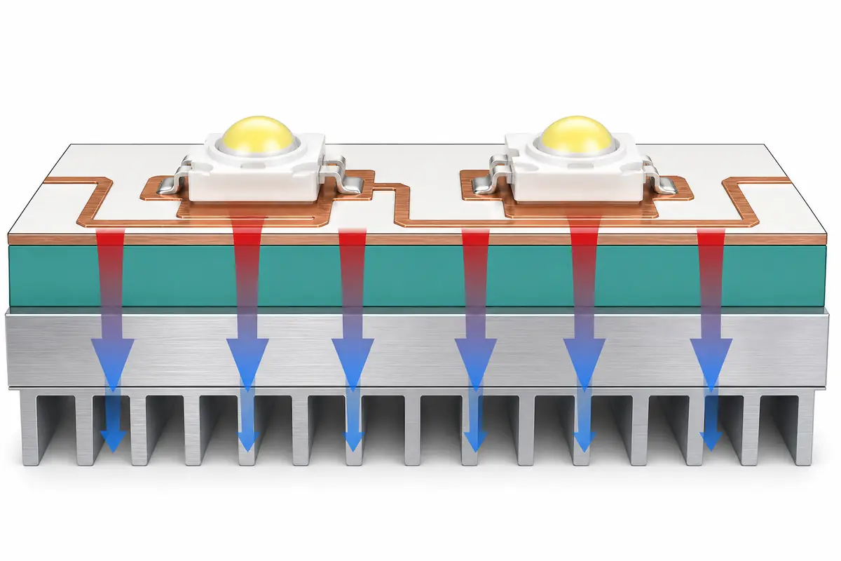 Engineering illustration of the LED IMS copper, continuous dielectric, aluminum base and heat path