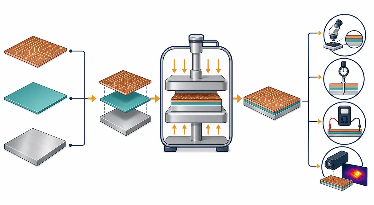 LED PCB lamination inputs, controlled pressing and verification flow illustration