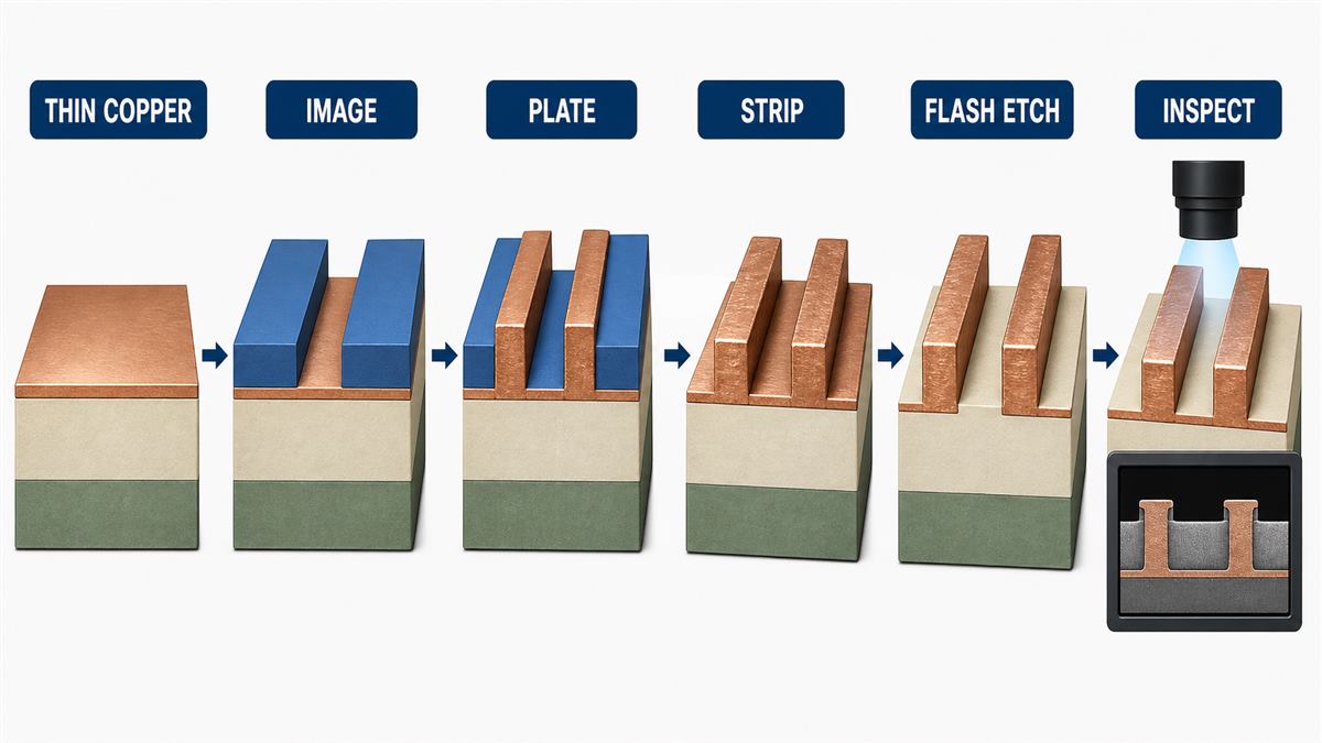 mSAP PCB process flow from thin copper and imaging through plating flash etching and inspection