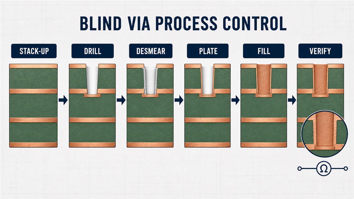 PCB blind via fabrication process showing stack-up drilling desmear copper plating filling and inspection