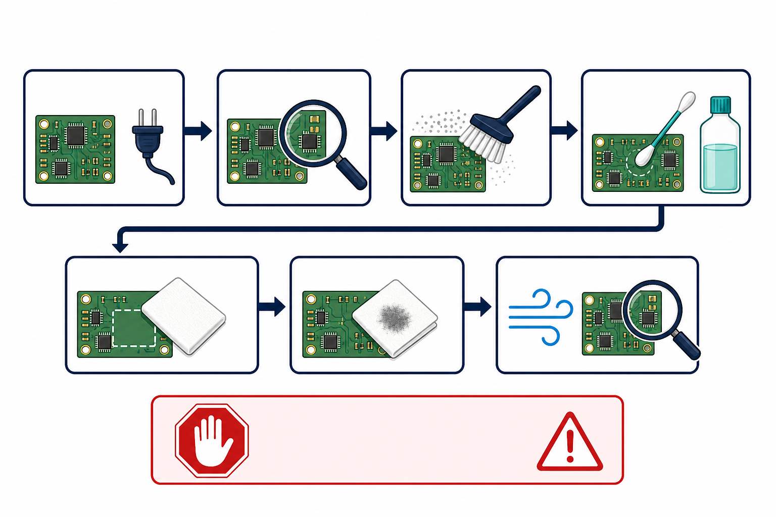 Icon-based PCB cleaning workflow from power isolation through final dry inspection, with a stop warning.