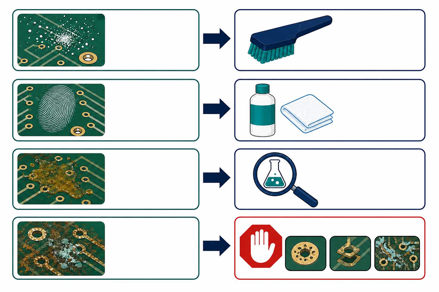 Four-row visual showing PCB dust, fingerprints, unknown residue, and corrosion with matching action icons.