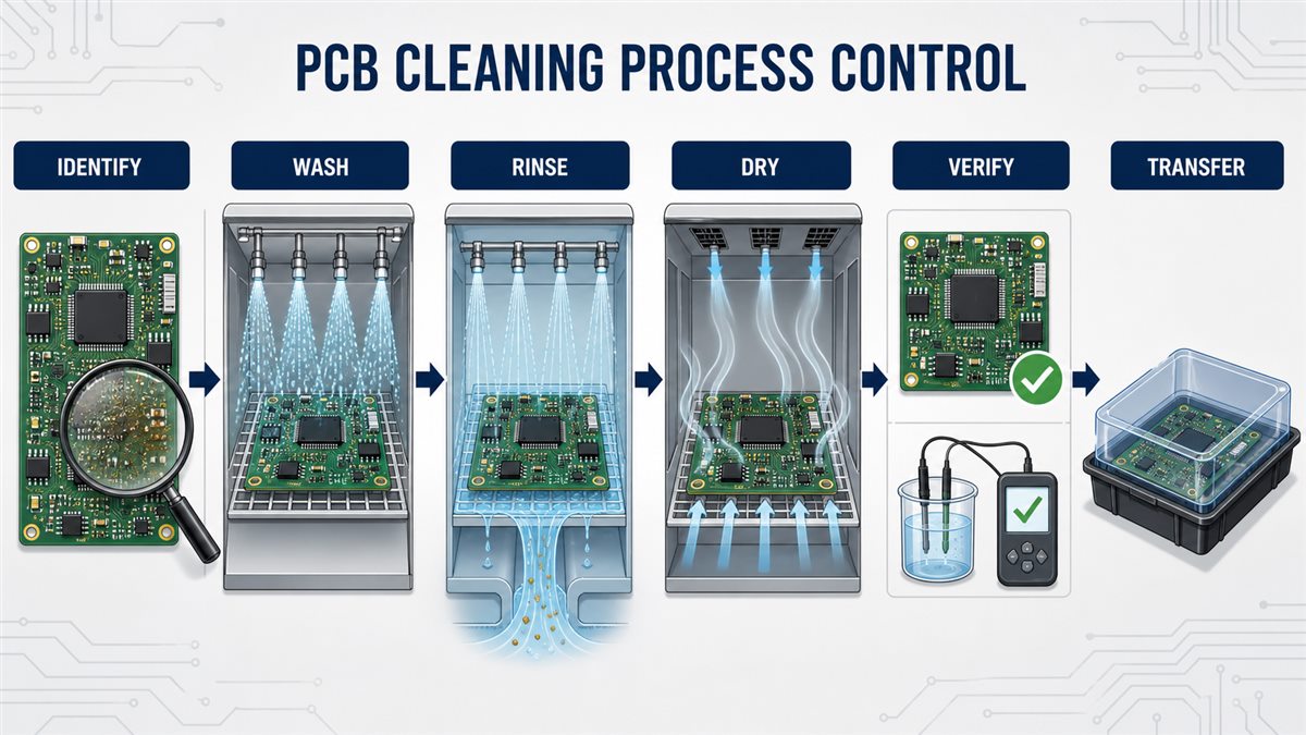 PCB cleaning process from soil identification through washing rinsing drying verification and protected transfer