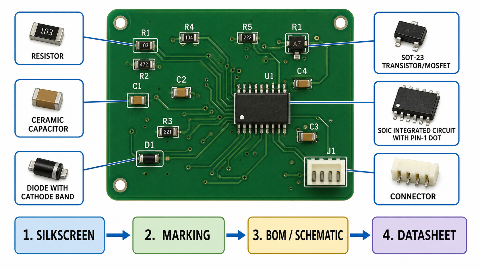 PCB component identification workflow: use silkscreen, component markings, BOM or schematic, then datasheet confirmation.