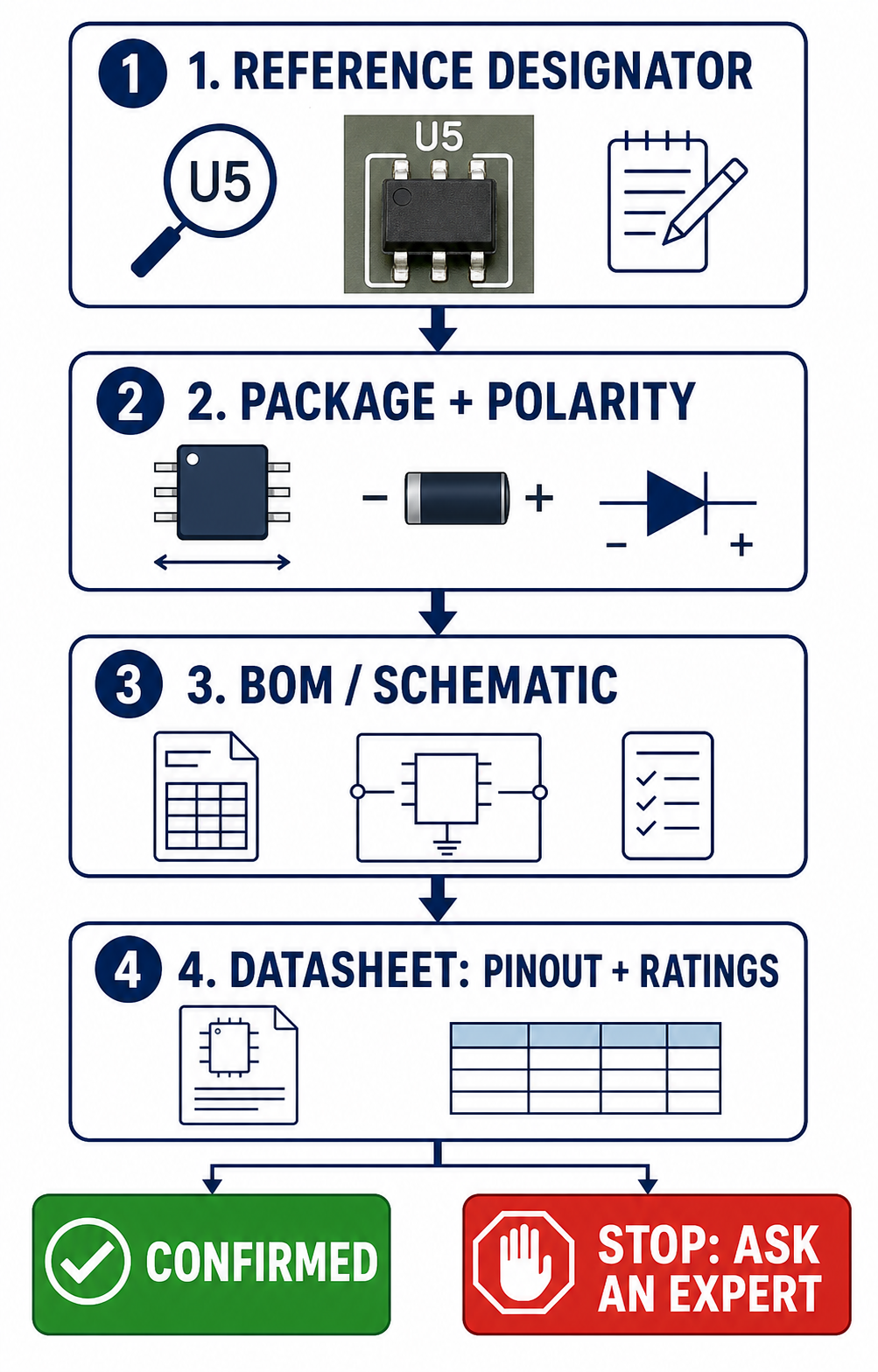 PCB component verification decision tree: reference designator, package and polarity, BOM or schematic, then datasheet pinout and ratings before confirmation.