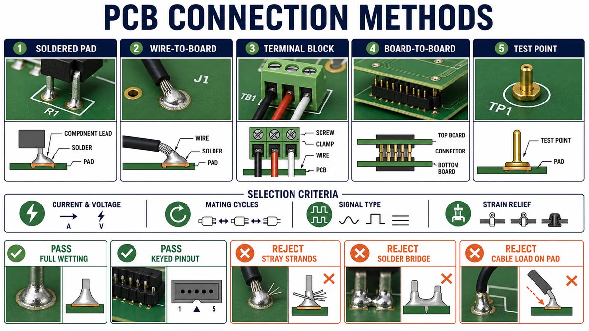 PCB pad wire terminal and connector methods with inspection checks